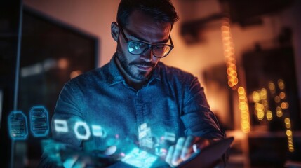 106.A man in a casual shirt and glasses, deeply focused as he organizes holographic digital files projected from a sleek tablet in a dimly lit, tech-forward workspace.