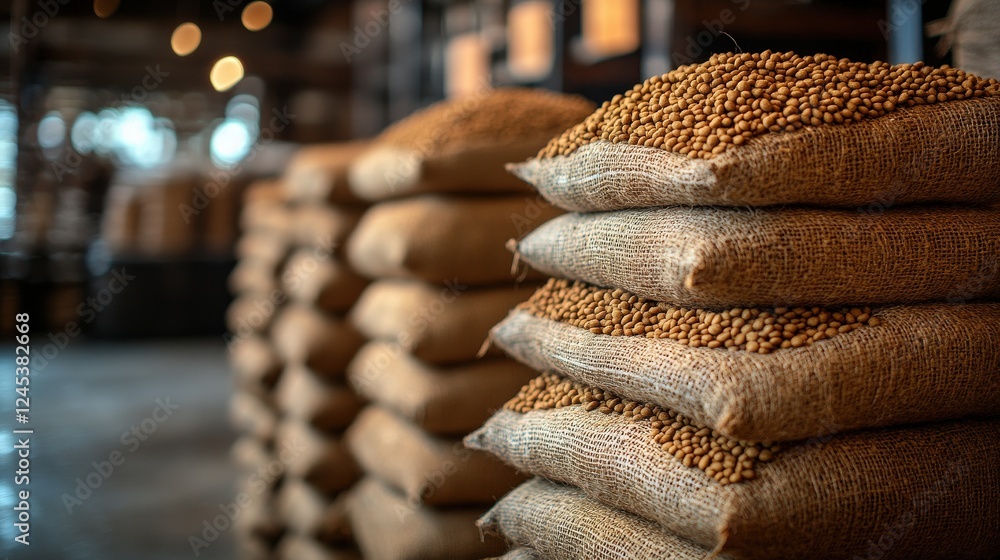 Poster stacked burlap sacks filled with grains in a rustic warehouse setting with soft lighting