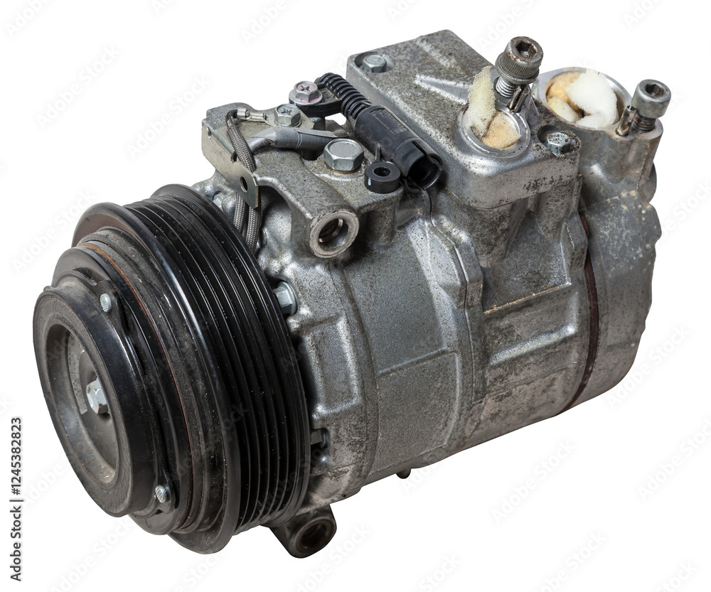 Canvas Prints Car spare part air conditioning compressor - pump for supplying freon under pressure to the climate control system to cool the air in hot summer. Spare parts catalog from junkyard.