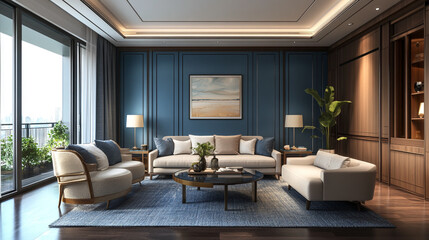 Square coffee table near white sofa and rustic cabinets against white wall with blank poster frames, Modern living space with a minimalist fireplace, cozy armchair, 