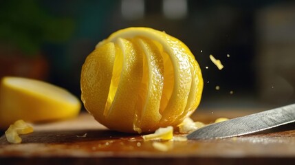Lemon peel spiral, kitchen knife, close-up, food prep, recipe