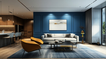 Blue wall living room. Living room interior design, empty blue wall with free space. warm living room with a dark blue sofa and a large wooden frame, Scandinavian style.