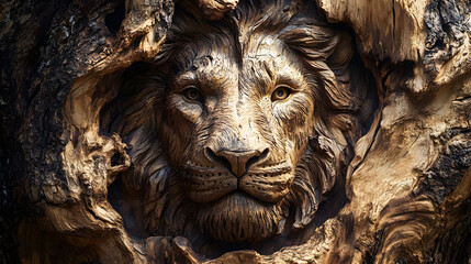Majestic Lion Carved into Ancient Tree Trunk