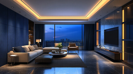 A cozy living room with a fireplace, two armchairs, a sofa, plants, and a coffee table. Modern living room with blue walls, orange velvet armchairs, and gold accent tables