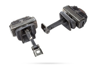 Metal and plastic car spare parts on a white isolated background - door stopper that prevents hard touches of body elements, damage or breakage. Detail of a mechanical assembly.