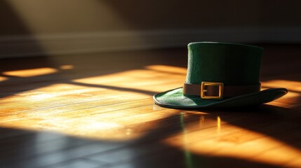 Obraz premium Green Leprechaun Hat Rests On Wooden Floor In Sunlight