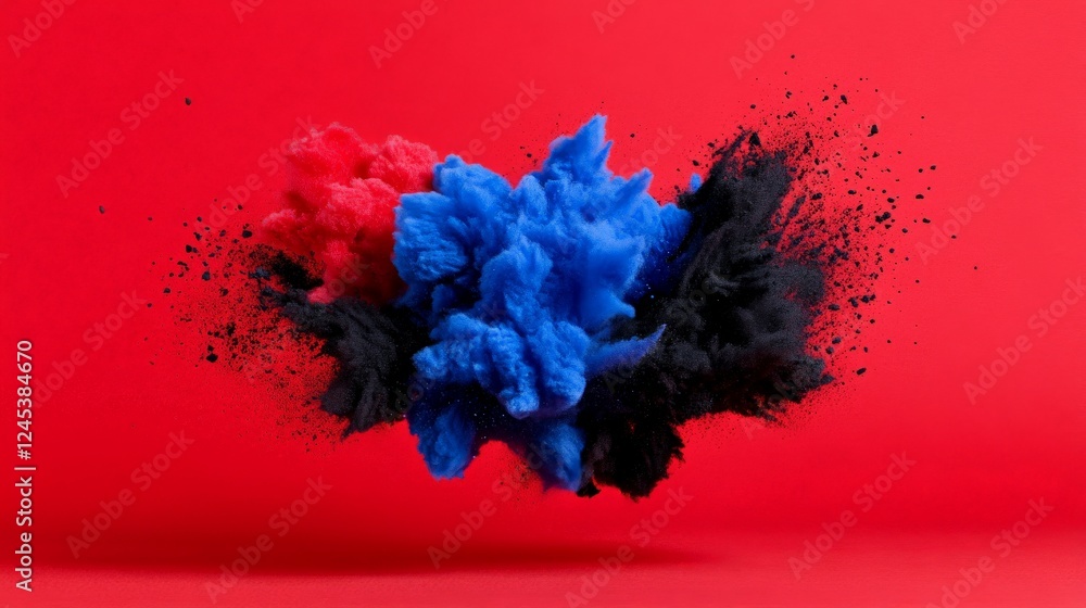 Poster burst of colors: a vivid explosion of colored powder against a complementary red backdrop, a dynamic