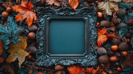 Ornate dark frame amidst autumn leaves. Perfect for fall-themed designs, announcements, or invitations.