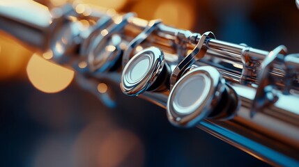 Obraz premium Close-up of a Silver Flute's Keys, Gleaming Under Warm Lighting