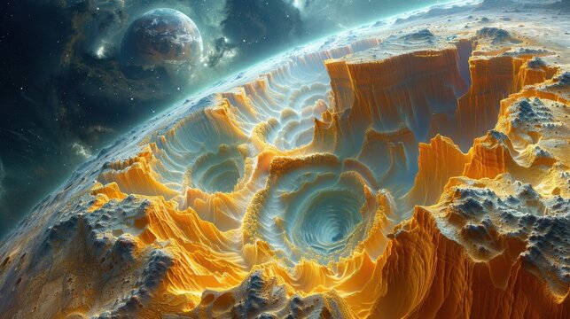Surreal planetary landscape with deep craters and orbiting earth-like planet in space