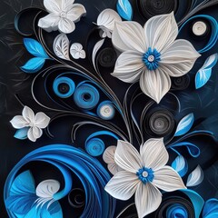 3D quilling-style flowers with swirls and lines in white, blue, and black colors on a dark background
