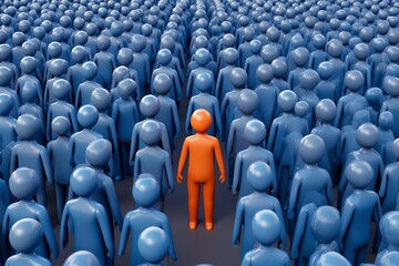 Unique Individual Standing Out Orange Figure Among a Crowd of Blue Figures