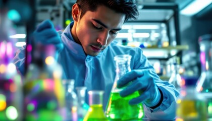 Young hispanic male scientist conducting experiments in a laboratory setting