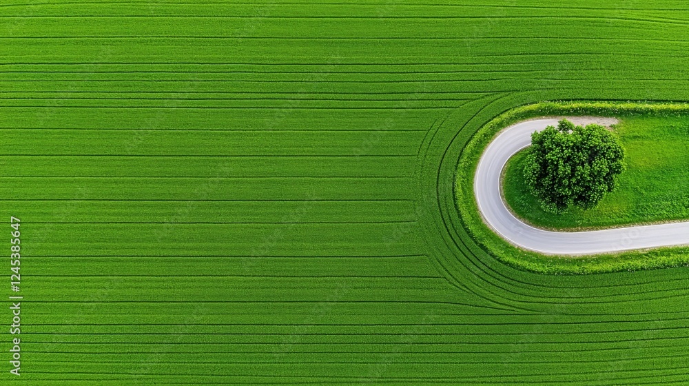 Poster aerial view of winding path: a vibrant green field unfolds with geometric precision, intersected by 