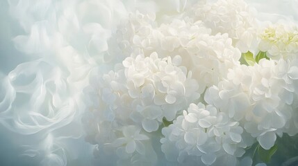 Fototapeta premium Elegant white hydrangeas in soft focus with delicate light and gentle atmosphere