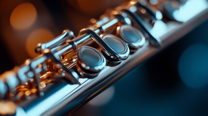 Fototapeta premium Close-up of a Silver Flute, Musical Instrument Detail