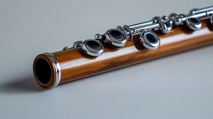 Naklejka premium Elegant Wooden Flute: A Close-Up View of a Musical Instrument