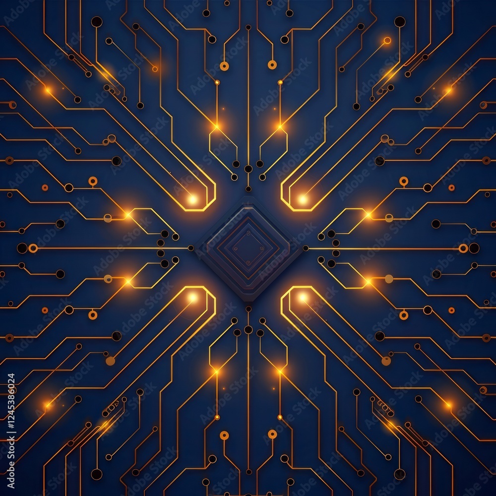 Poster circuit board abstract: glowing golden circuitry on a deep blue background, creating a symmetrical a
