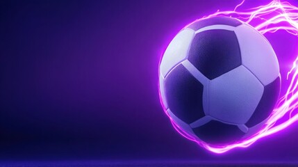 Fototapeta premium Glowing Football or Soccer Ball in Slow Motion Action with Dynamic Energy and Lighting Effects on Dark Purple Background Abstract Sports Equipment and Athlete Concept