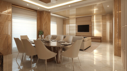 Elegant Dining Room With Crystal Chandelier And Modern Furniture, A traditional dining room with a large wooden table, classic chairs, and a chandelier for elegant dining