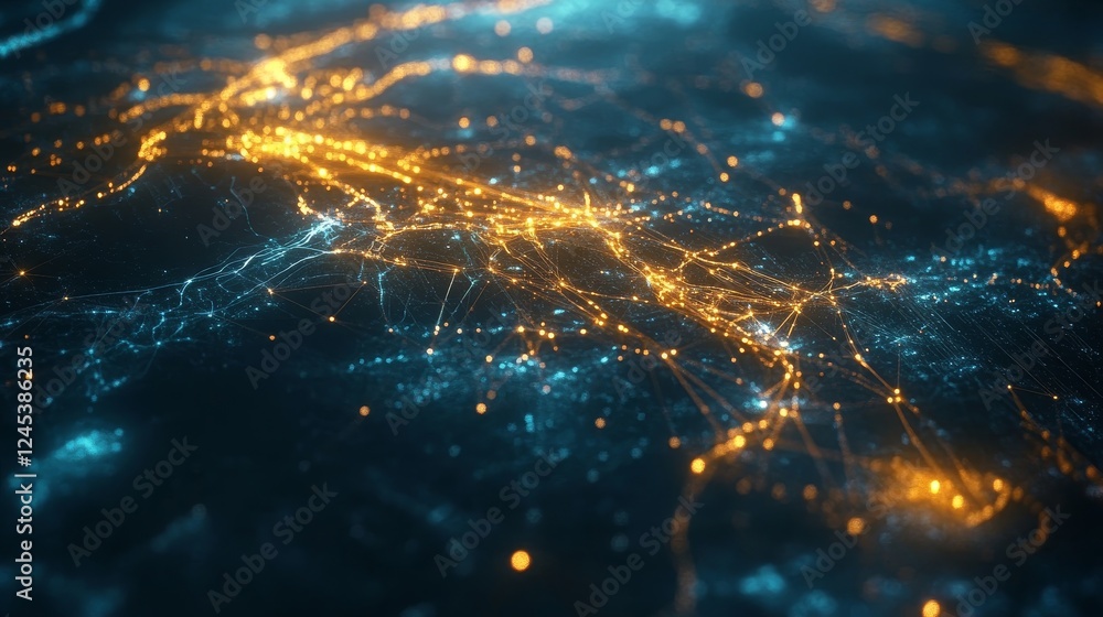 Aufkleber abstract network lines and nodes illuminated in blue and orange on dark background