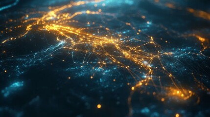 Abstract network lines and nodes illuminated in blue and orange on dark background