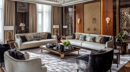 Elegant dining room with large table, ornate chairs, and chandeliers, creating luxurious atmosphere. Spacious luxury living room featuring wooden armchairs, a marble coffee table, and a magnificent