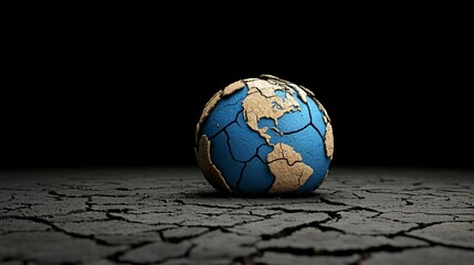 Cracked Planet: A visually striking image of a cracked earth globe, symbolizing environmental damage and global issues. The globe rests on dry, cracked ground.