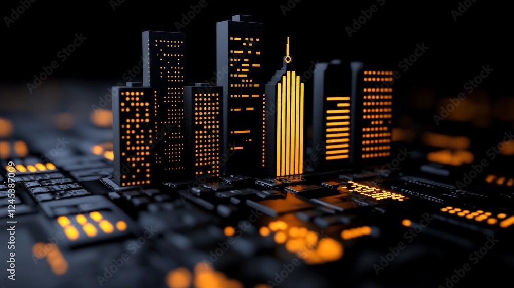 Poster urban tech metropolis: a futuristic cityscape shimmering with gold and illuminated windows, built on