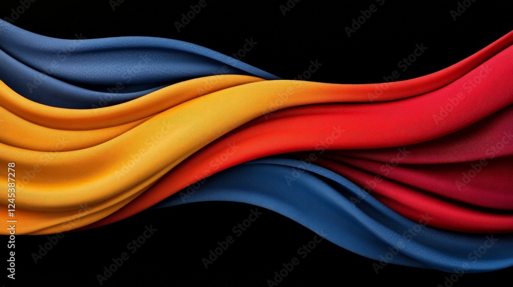 Poster colorful fabric waves: an artistic display of flowing fabric in vibrant primary colors, creating an 