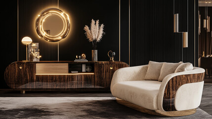 Style loft interior with leather armchair. AI generated, human enhanced, Luxurious modern living room interior with dark walls and wooden console. Concept Living Room Decor,