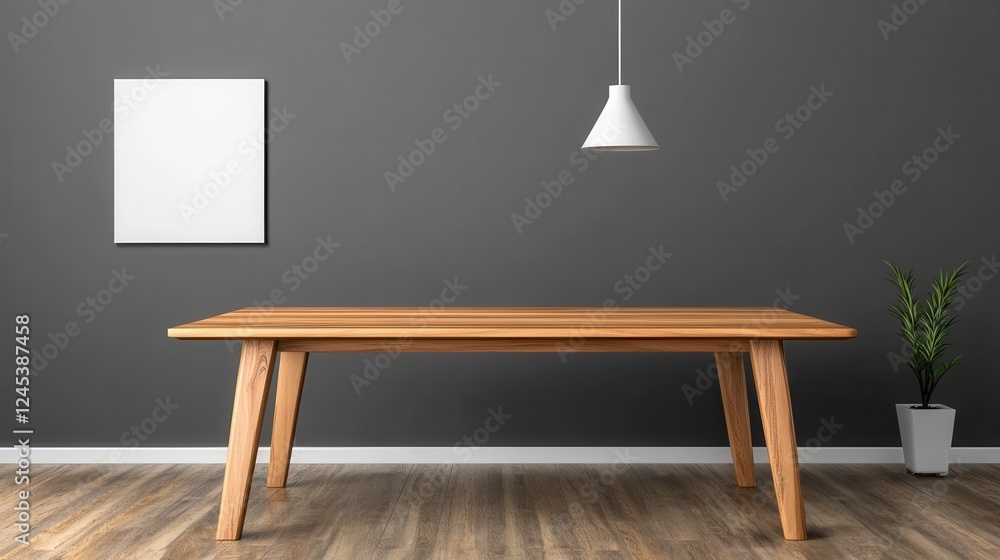 Sticker Modern Minimalist Workspace with Wooden Table and Grey Wall