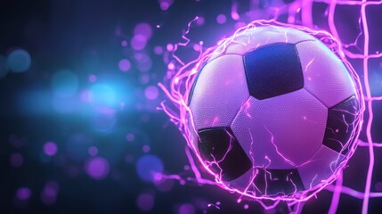 Glowing soccer ball breaking through sports net with dynamic electric neon particles and bursts of energy in a futuristic high tech backdrop  Illustrating the power