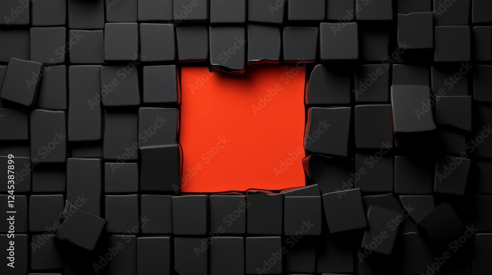 Poster emergence of orange: a dynamic display of shattered dark cubes reveals an inviting orange square, cr
