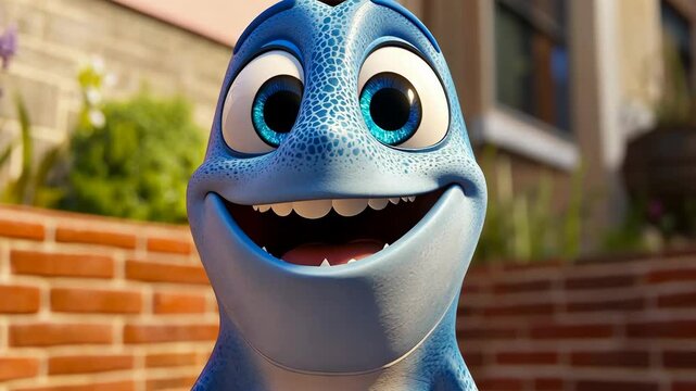 Blue animated character smiles joyfully in a vibrant outdoor setting during daytime, showcasing a playful mood