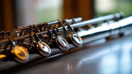 Obraz premium Close-up of a Silver Flute's Keys, Reflecting Light and Detail