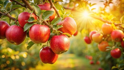 Obraz premium Ripe red apples hanging from a branch on a lush green tree against a warm golden sunlight backdrop with gentle sunlight filtering through leaves and branches, golden light, ripe fruit