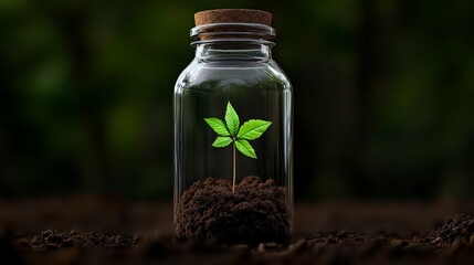 Growth in a Jar: A single green sprout flourishes within a glass jar, symbolizing life, potential, and environmental consciousness. Set against a blurred natural background.