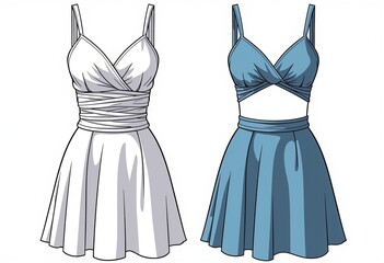 Women's CAD Mockup: Draped Mini Dress Technical Fashion Illustration, Cutouts, Straps, Asymmetric Design, Front & Back View - Ideal for Apparel Design & Production.
