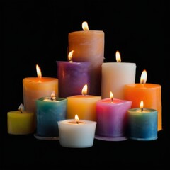 Colorful pyramid of nine candles with burning flames on black background, creating a peaceful and serene atmosphere.