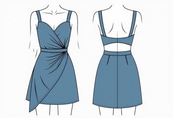 Cutout Draped Mini Dress CAD Mockup: Technical Fashion Illustration for Women - Asymmetric Design, Straps, Front & Back View Flat Sketch in White & Blue.
