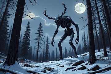 Giant Skeletal Antlered Creature in Snowy Winter Forest at Night Fantasy Horror Scene