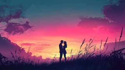 Silhouette of Couple on Hill at Sunset