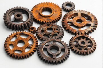 Rusty Gears Collection on White Background  Varied Shapes and Sizes, Weathered with Signs of Wear and Tear