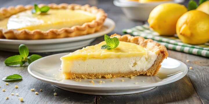 Lemon pie with a crumbly crust and tangy lemon filling, lemons pie slice plate table top, dessert plate
