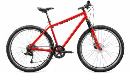 Fototapeta premium Red mountain bike with black seat and handlebars, sleek design, silver rims, disc brake system, and Shimano XT drivetrain.