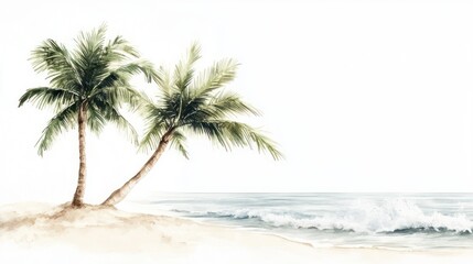 Obraz premium Tropical beach watercolor painting two palm trees on sandy shore, calm ocean waves in background; ideal for home decor