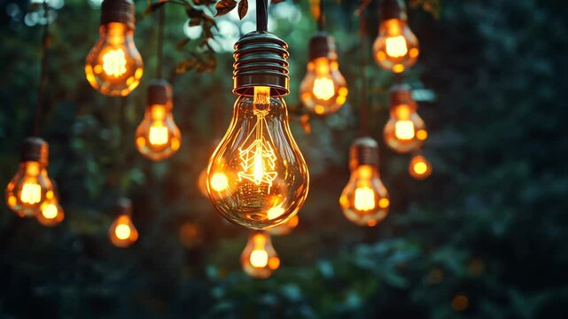 Enchanting outdoor edison bulb lighting glows in lush garden at dusk