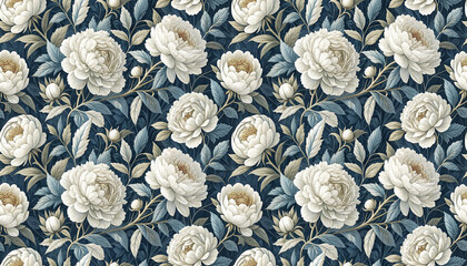 Seamless pattern of white peonies floral wallpaper fabric background