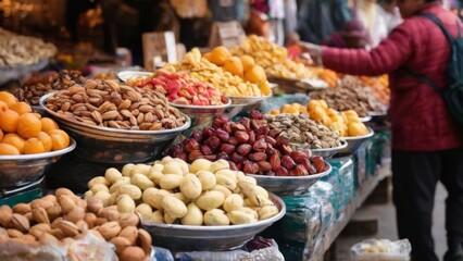Vibrant Market Stall Displaying Variety of Fruits, Nuts, and Seeds with Blurred Outdoor Background and Lively Atmosphere